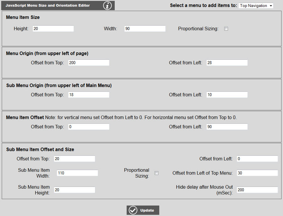 edit javascript menu parameters