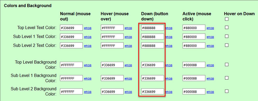 set colors for down state as hover