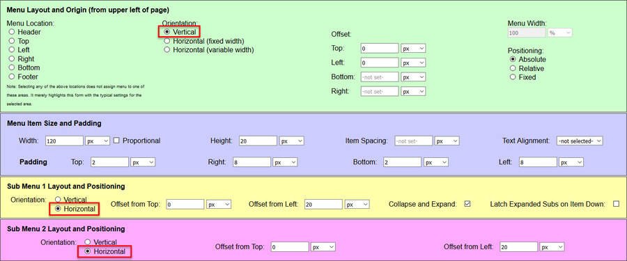 set vertical menu with horizontal sub menus