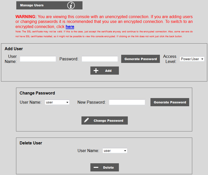 manage users (with ssl warning)